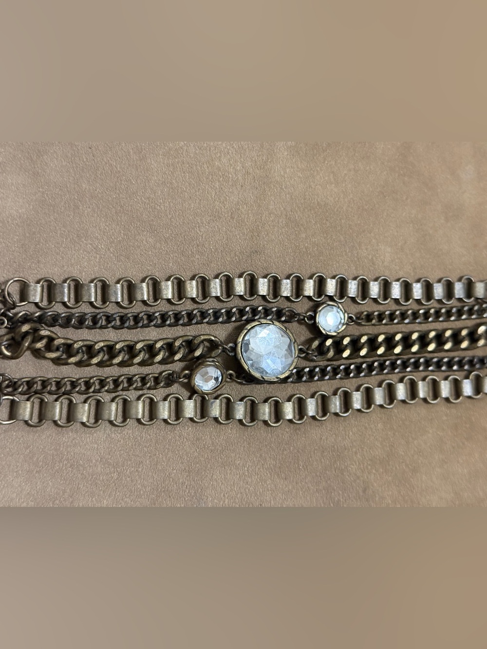 Layered Antique Brass Chain Bracelet with Clear Crystal Accents